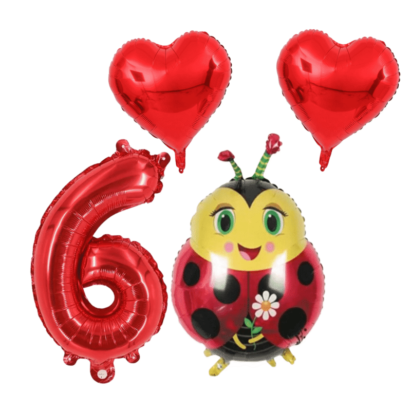 Number 6 Ladybug Birthday Party Foil Balloons Red Heart Set