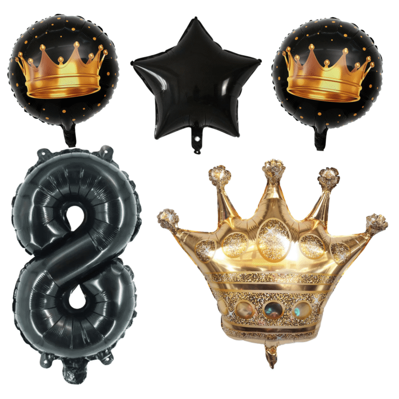 Number 8 King Crown Black Gold Foil Balloons Birthday Party Decor Set