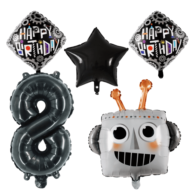 Number 8 Robot Birthday Party Balloons Black Silver Foil