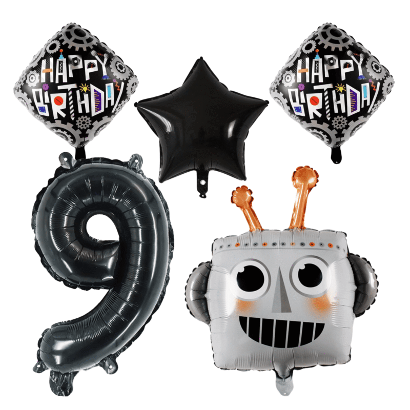 Number 9 Robot Birthday Party Balloons Black Silver Foil Set