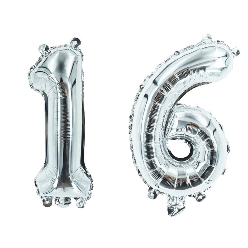 Number Sixteen Silver Balloon, 32" Foil Mylar, Sweet 16 Party Decoration Balloon