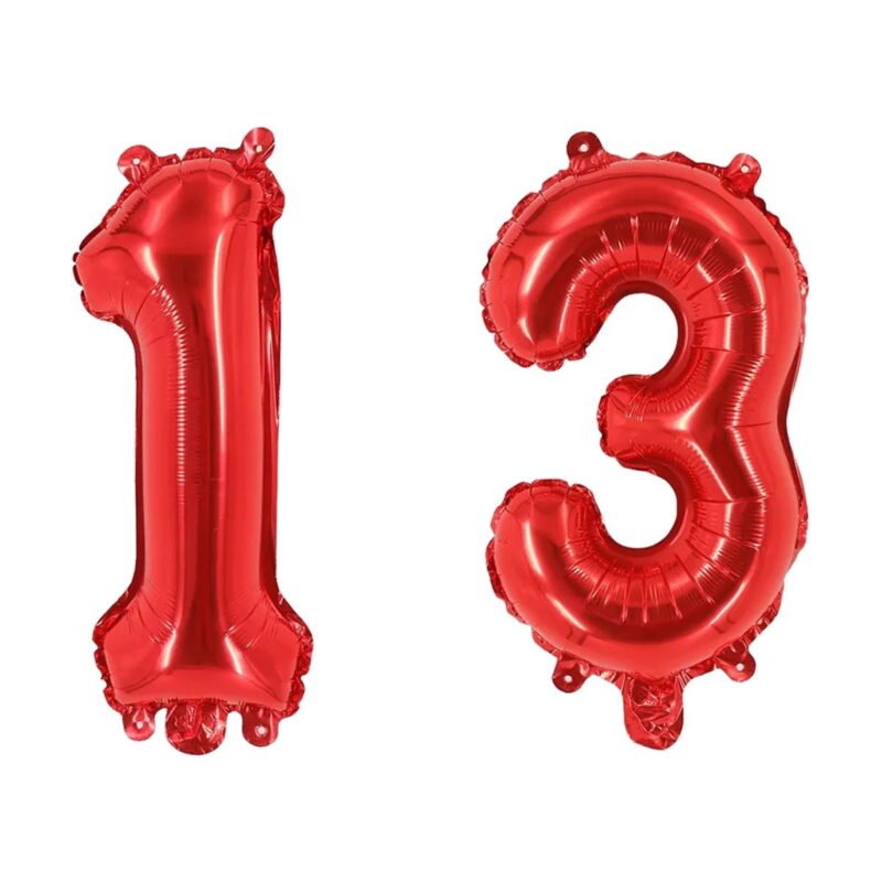 Number Thirteen Red Balloon, 32" Foil Mylar, Teen Birthday Party Age Balloon