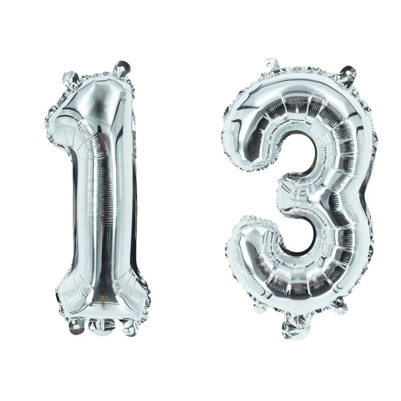 Number Thirteen Silver Balloon, 32" Foil Mylar, Teen Birthday Party Age Balloon