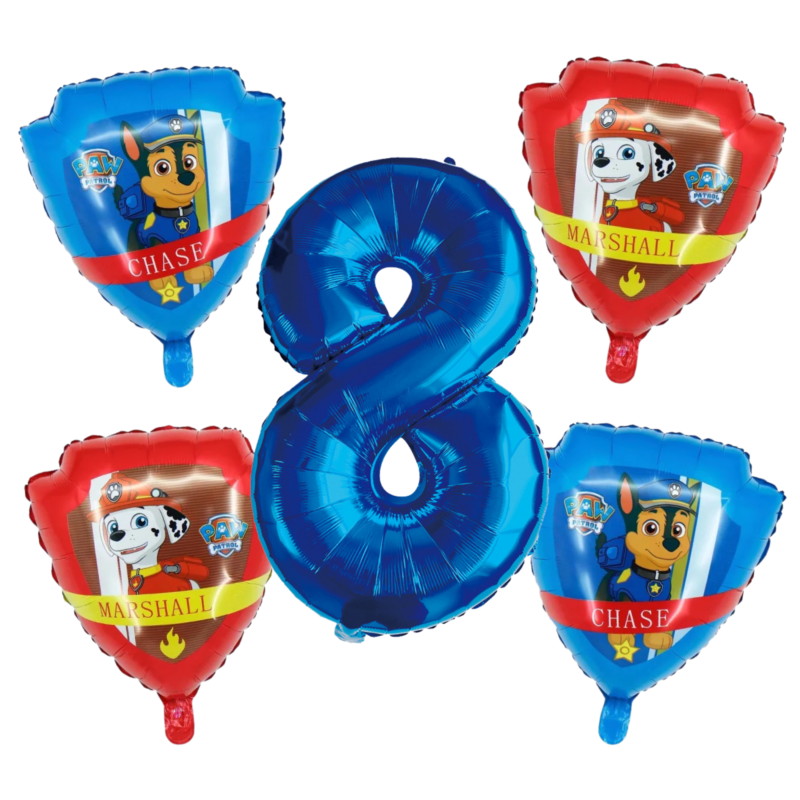 Paw Patrol Number 8 Birthday Balloons, Chase Marshall Foil Balloon Set, Blue Red Kids Party