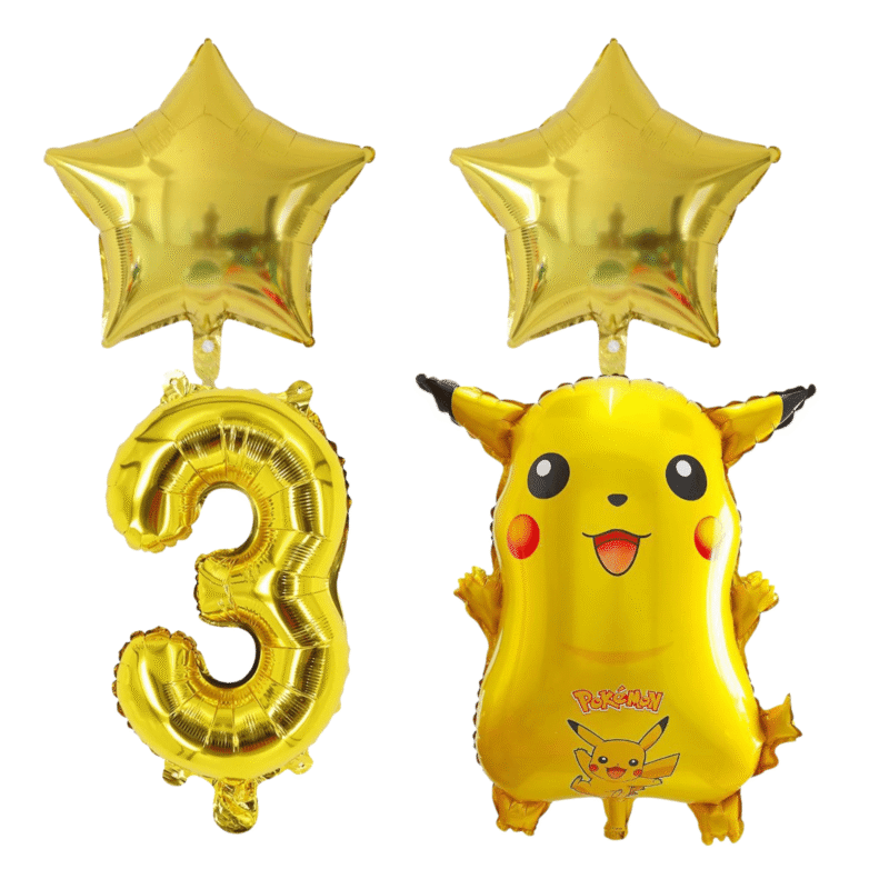 Pikachu 3rd Birthday Party Foil Balloon Set Gold Star Number