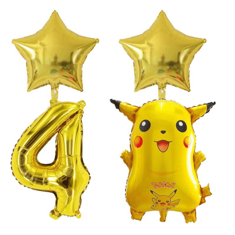 Pikachu Pokemon 4th Birthday Party Foil Balloons Gold Star Number Set