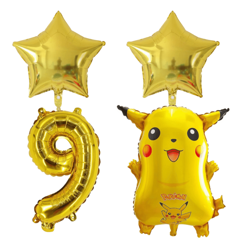 Pikachu Pokemon 9th Birthday Party Foil Balloons Gold Star Number Set