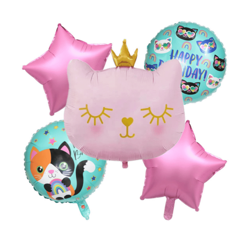 Pink Cat Birthday Balloon Set with Pink Stars and Happy Birthday Mylar Balloons