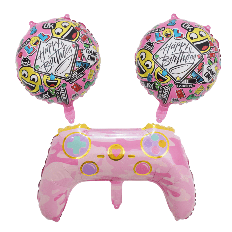 Pink Gamer-Themed Birthday Balloon Set with Controller and Emoji Balloons for Kids Party
