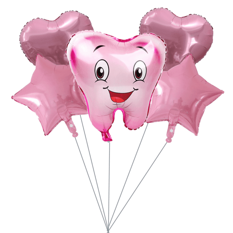 Pink Tooth Balloon Set - Tooth Shaped Balloon, 18" Pink Star and Heart Balloons Dental Themed Celebrations and Parties