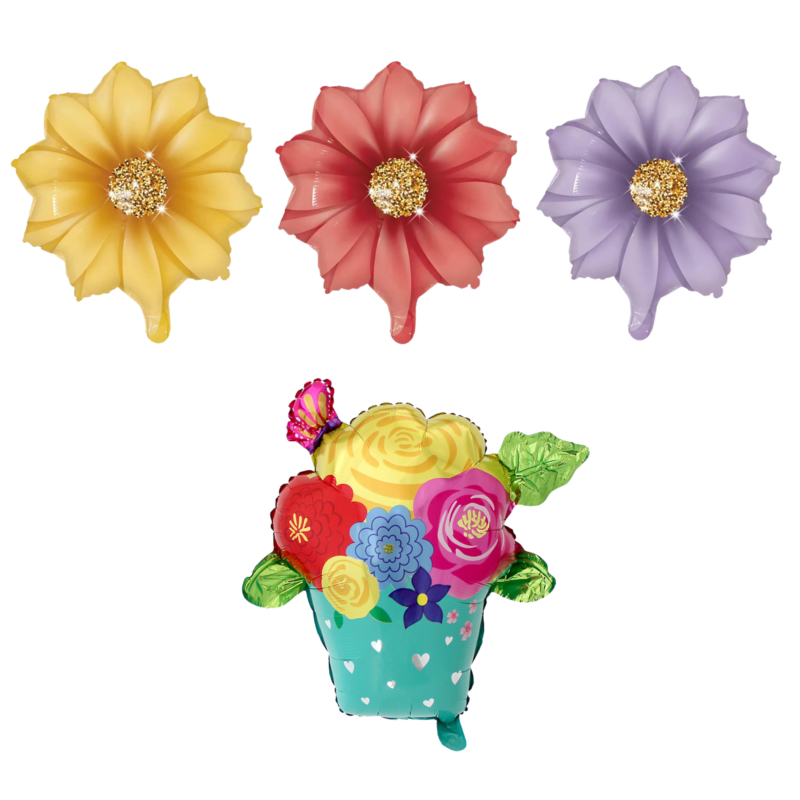 Pink, Yellow, Purple Flower Balloons with Bouquet – Floral Balloon Set for Parties & Events