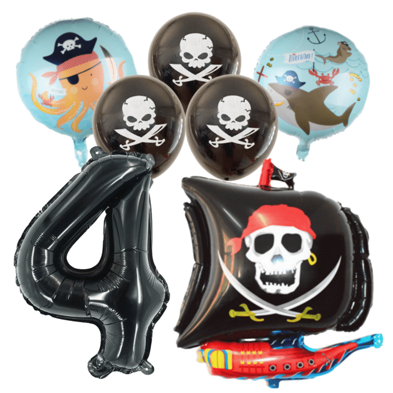 Pirate Party Number 4 Balloon Set - Black Blue Foil Ship Kids Birthday