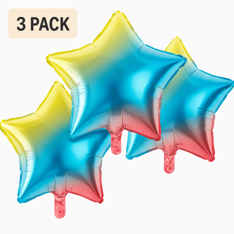 Rainbow Star Foil Balloons 3 Pack Party Decor Blue Yellow Red Balloons