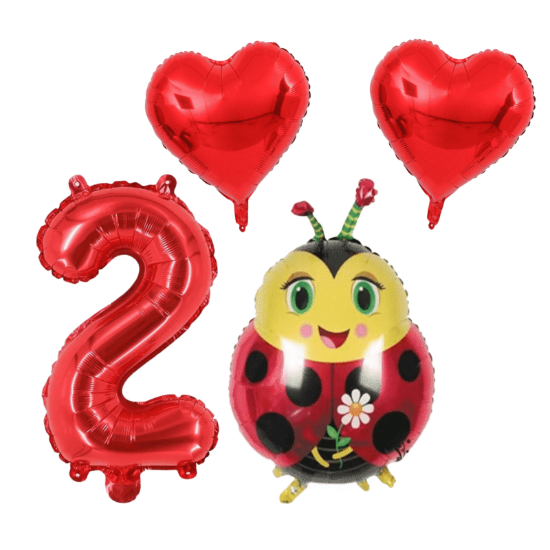 Red Ladybug 2nd Birthday Foil Balloon Set; Number 2; Heart Balloons