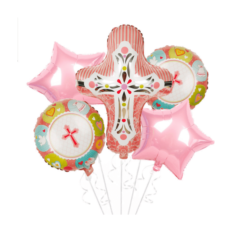 Religious Cross Pink Party Balloon Set with Mylar Stars and Round Balloons for Christenings and Baptisms