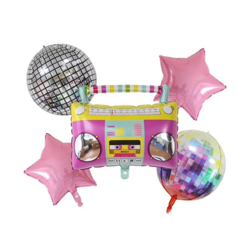 Retro Boombox and Disco Ball Balloon Set with Pink Stars for Party Decorations