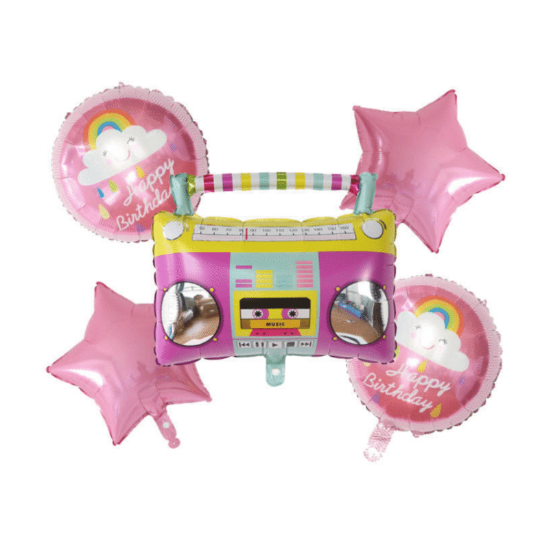 Retro Boombox and Rainbow Happy Birthday Balloon Set with Pink Stars