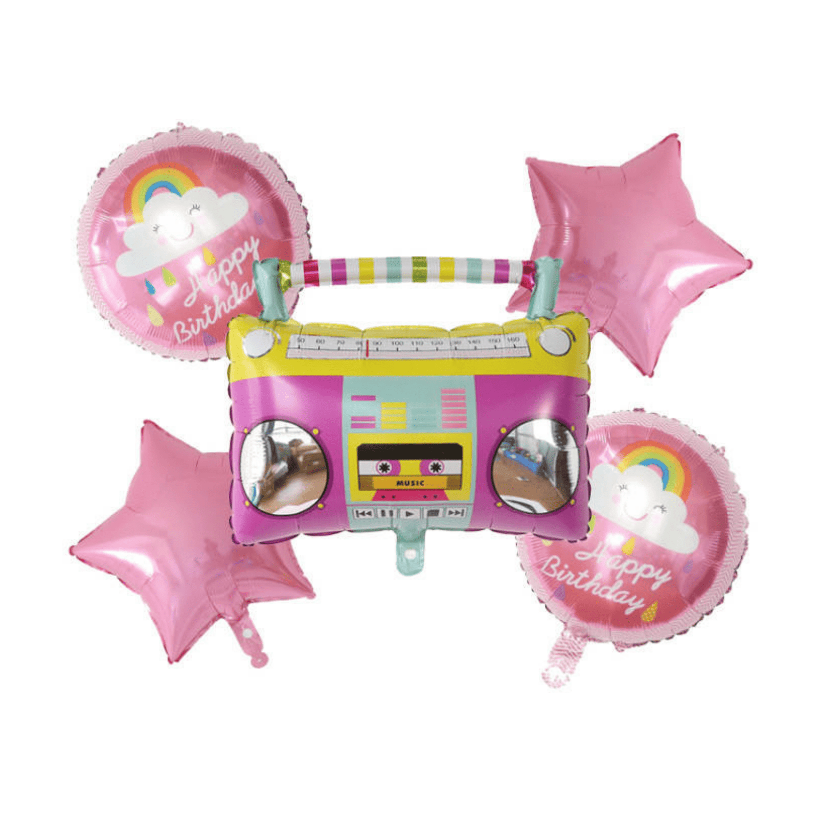 Retro Boombox and Rainbow Happy Birthday Balloon Set with Pink Stars
