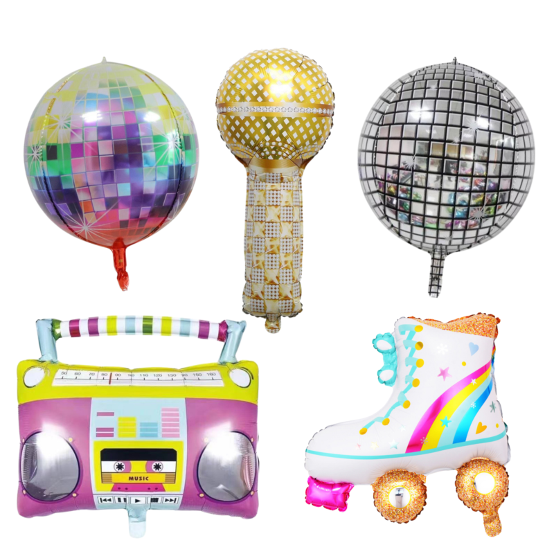 Retro Party Balloon Set – Boombox, Disco Balls, Microphone & Roller Skate Decor