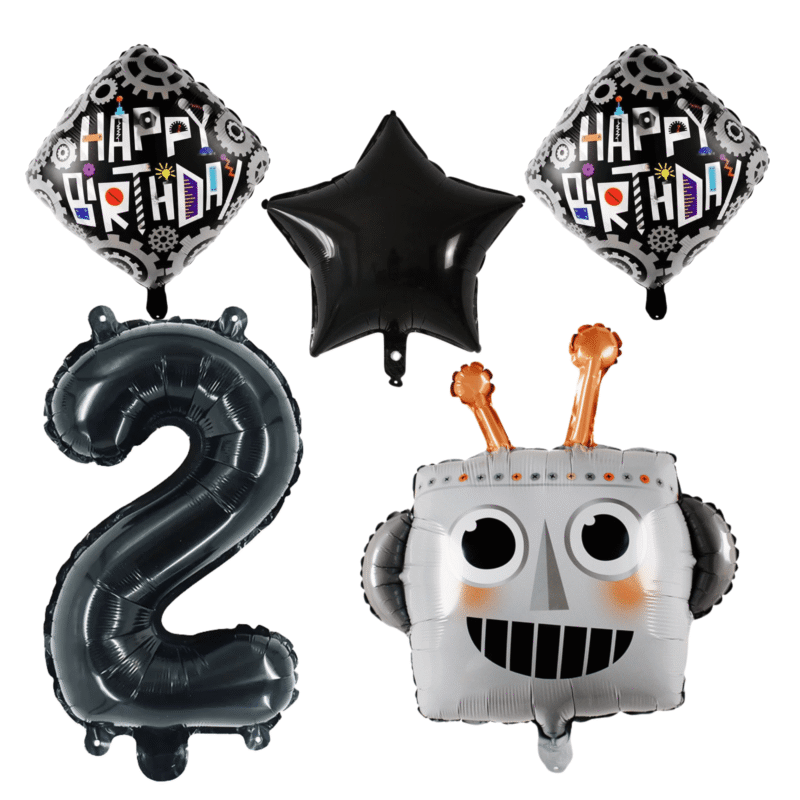 Robot 2nd Birthday Party Foil Balloons Black Silver Number Set