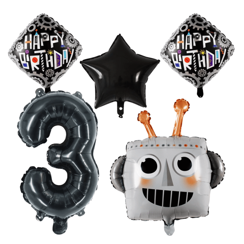 Robot 3rd Birthday Party Balloons Black Silver Foil Set