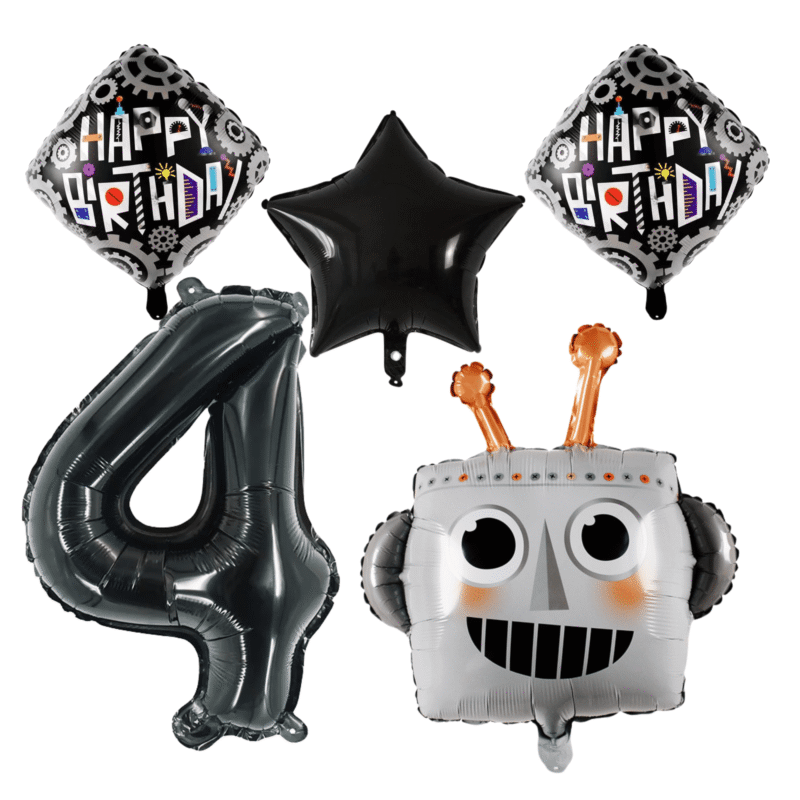 Robot 4th Birthday Party Foil Balloons Black Silver Number Set