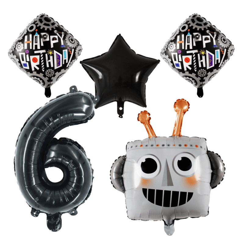 Robot 6th Birthday Party Balloons Black Silver Number Foil Set