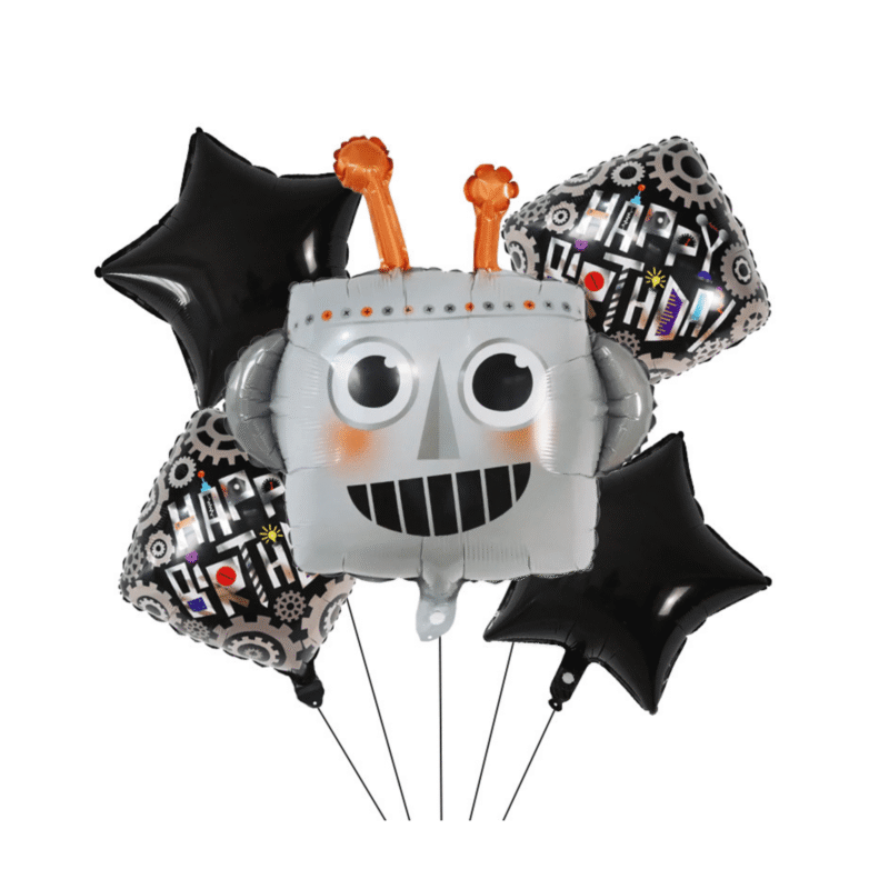 Robot Birthday Party Balloon Set with Black Stars and Happy Birthday Mylar Balloons