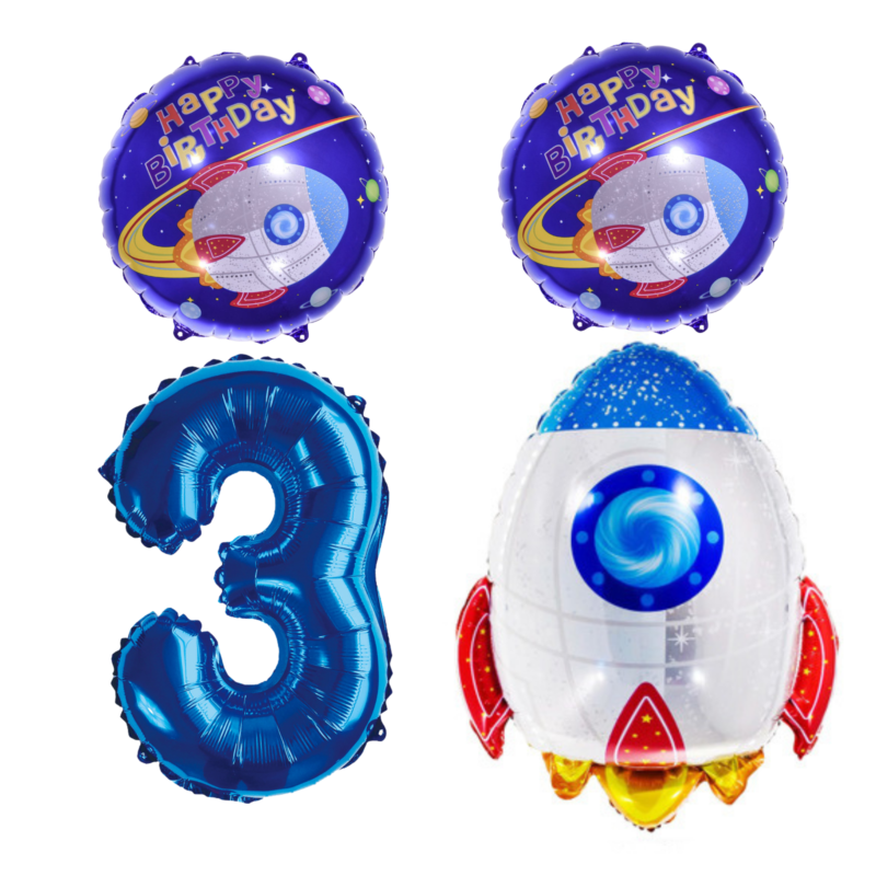 Space Rocket 3rd Birthday Foil Balloons Party Set Blue