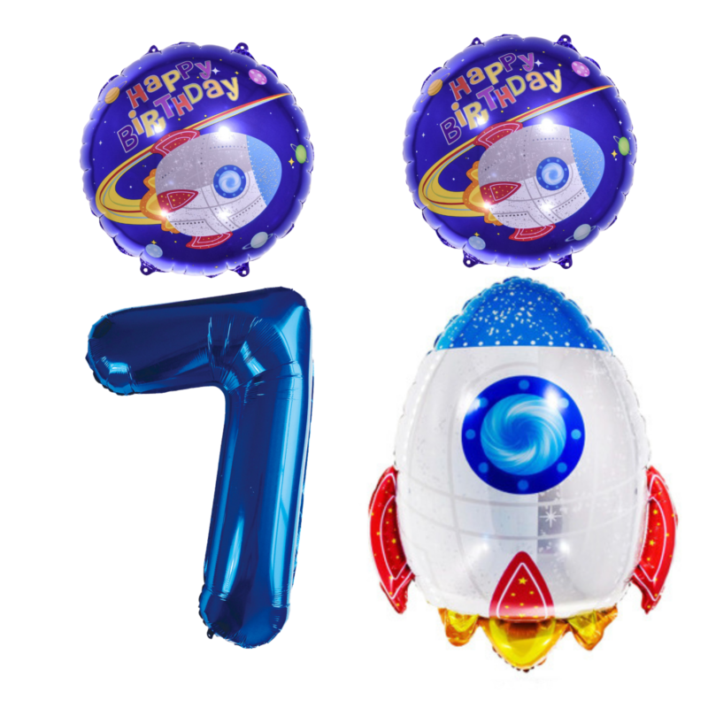 Space Rocket 7th Birthday Foil Balloon Set Blue Party Decor