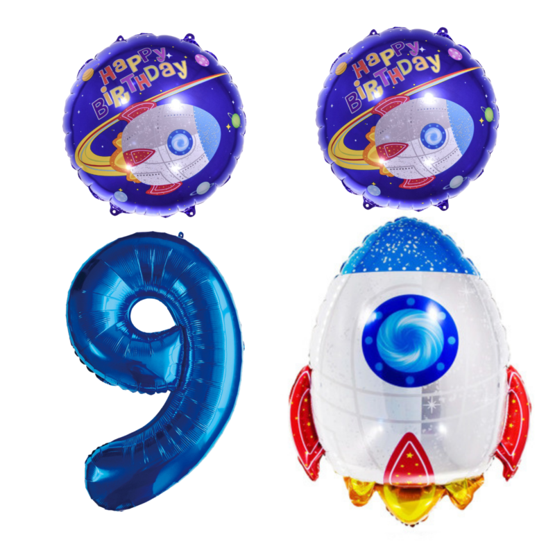 Space Rocket 9th Birthday Party Balloons Blue Foil Number Set