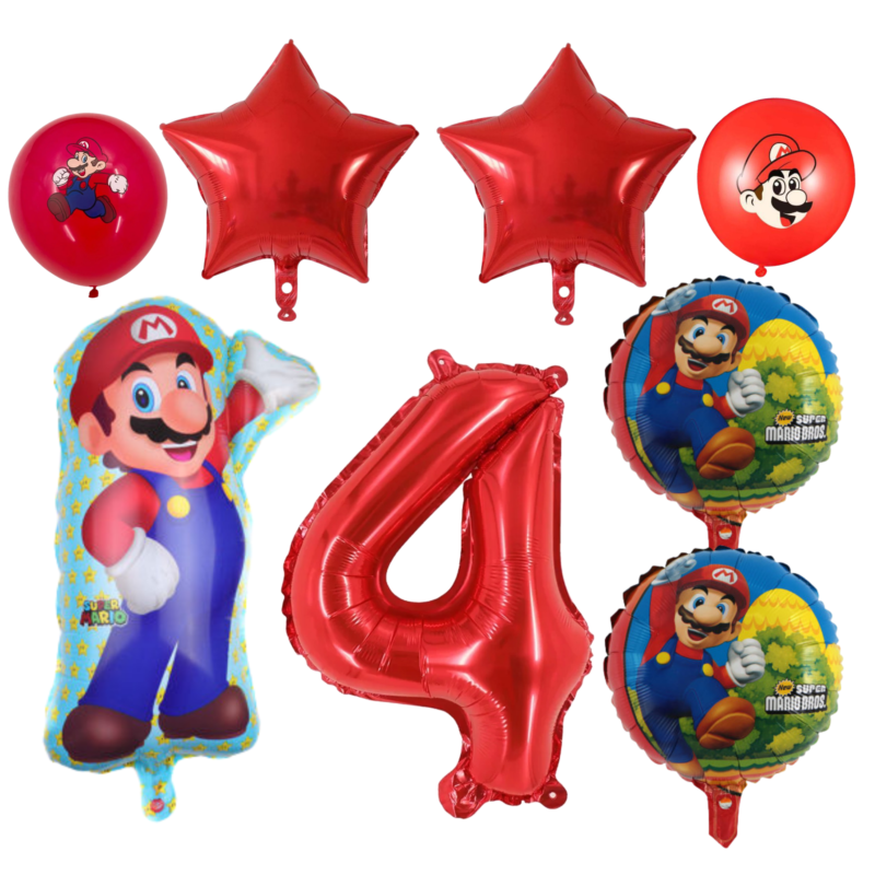 Super Mario 4th Birthday Party Balloons Set Red 7pc balloons