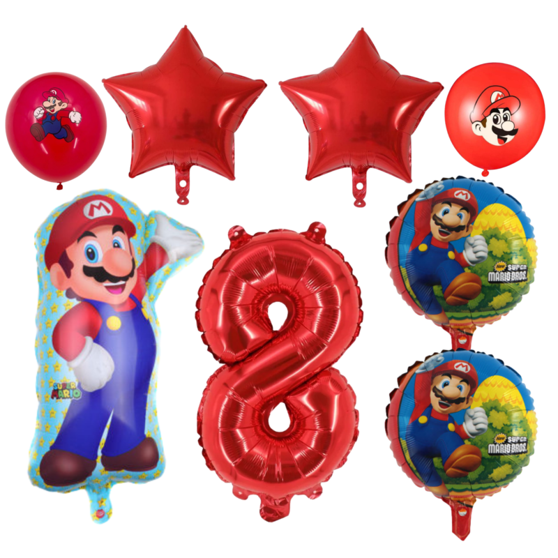 Super Mario 8th Birthday Party Balloons Red 7pc Set balloons