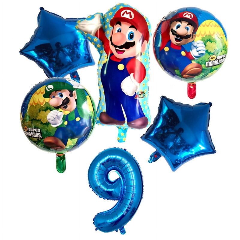 Super Mario Bros 9th Birthday Party Foil Balloons Set Blue Balloons