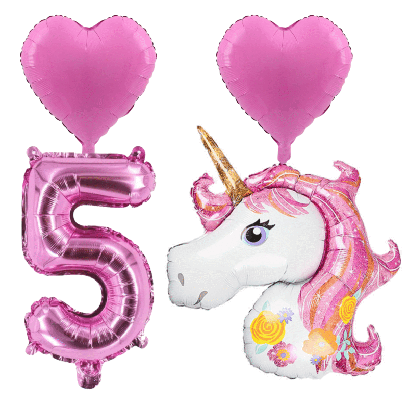 Unicorn 5th Birthday Party Balloons Pink Foil Number & Heart Set
