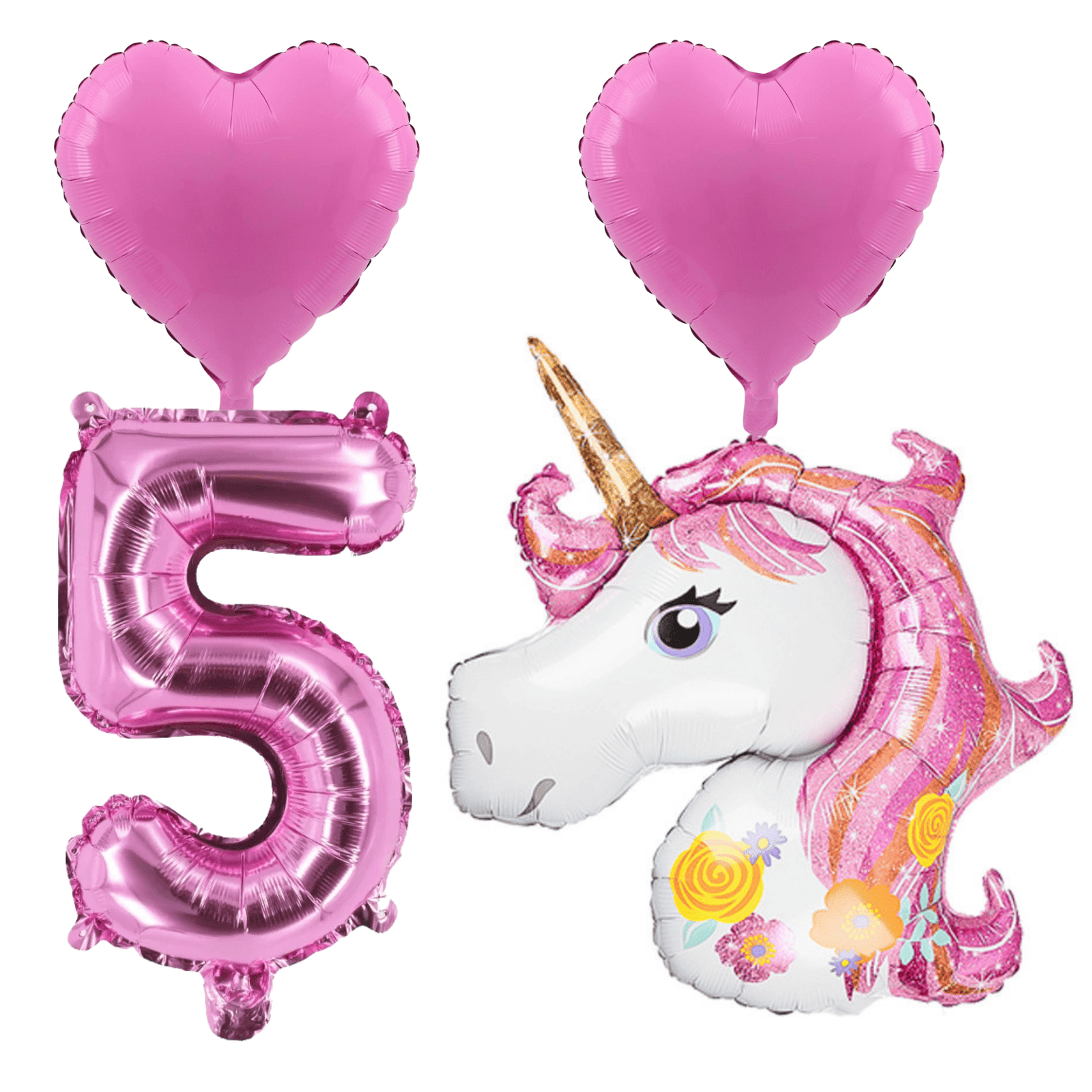 Unicorn 5th Birthday Party Balloons Pink Foil Number & Heart Set