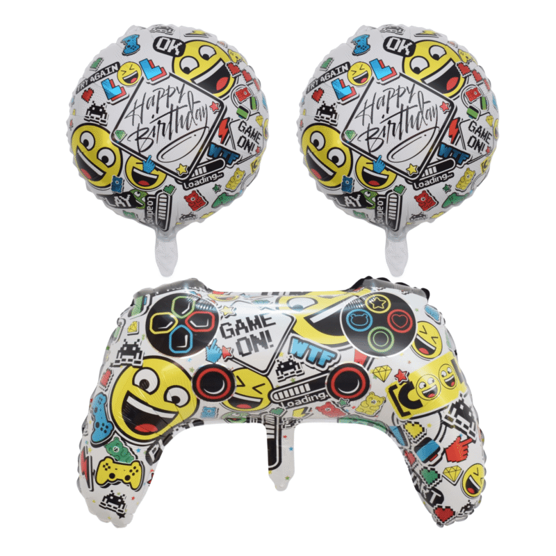 White Gamer-Themed Birthday Balloon Set with Controller and Emoji Balloons for Kids Party