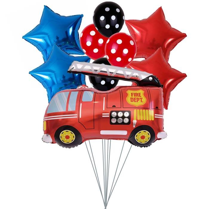 Fire Truck Balloon Set - Large Fire Truck Balloon, Polka Dot Latex Balloons, Red and Blue Star Balloons | Firefighter-Themed Party Decorations