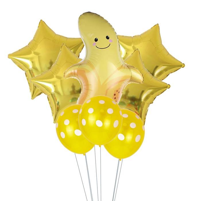 Banana Balloon Bouquet with Large Banana Shaped Balloon Polka Dot Latex Balloons and Yellow Star Balloons Perfect for Tropical-Themed Parties