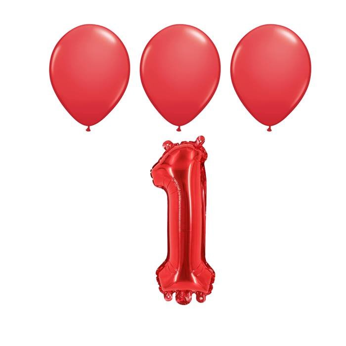 Giant Red Number 1 Balloon (32") & 3 Latex Balloons Set - 1st Birthday Milestone Decoration