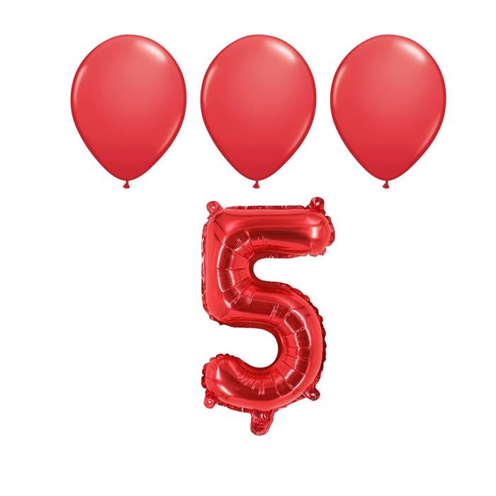 Number Five 5 Red Balloon 32 Inch Foil Mylar Birthday Milestone 3 Matching Red Latex Balloons