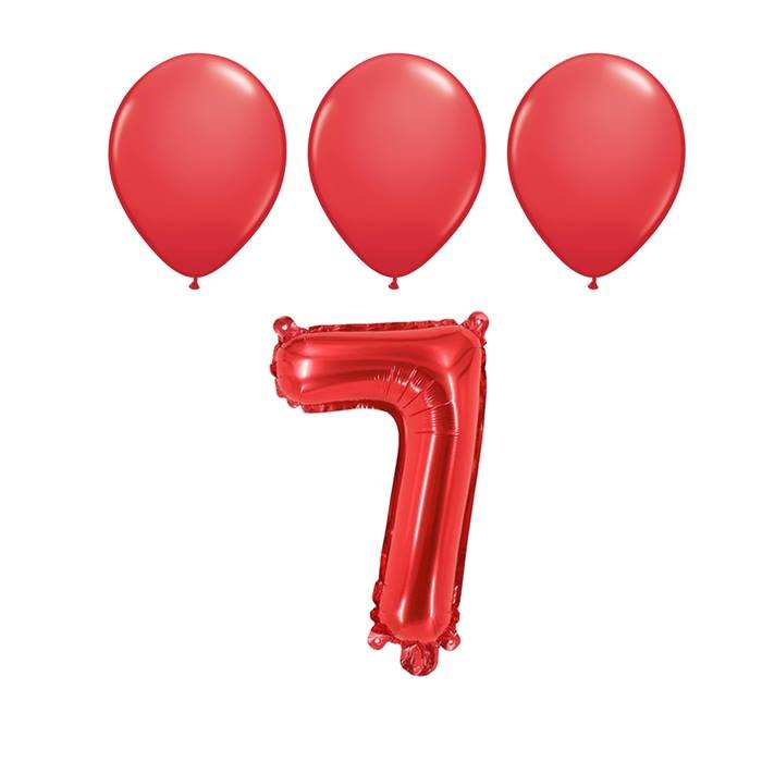 Number Seven 7 Red Balloon 32 Inch Foil Mylar Birthday Milestone 3 Matching Red Latex Balloons