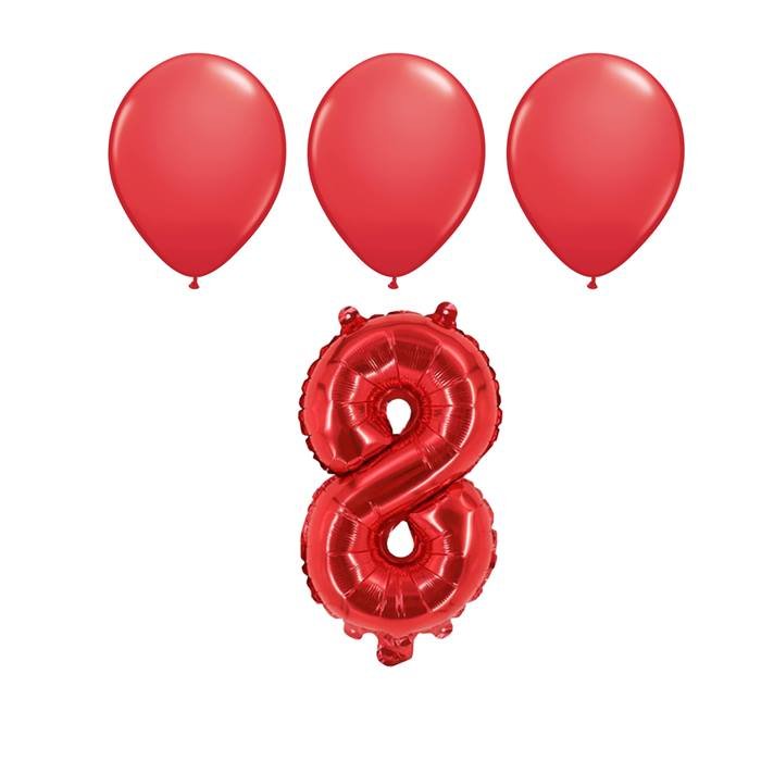 Number 8 Red Balloon 32 Inch Foil Mylar Birthday Milestone 3 Matching Red Latex Balloons
