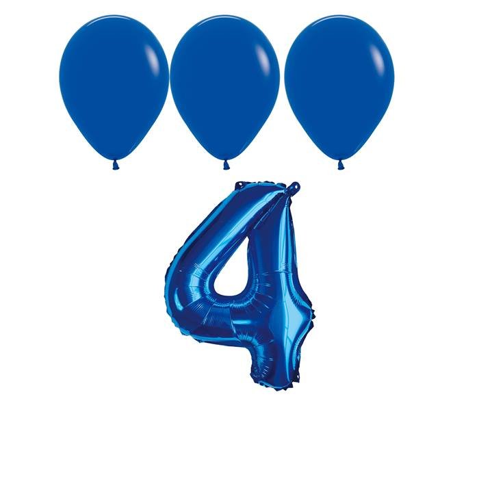Number 4 Blue Balloon 32 Inch Foil Mylar Birthday Milestone 3 Matching Blue Latex Balloons