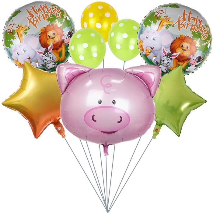 Pig Balloon Bouquet with Large Pig Shaped Balloon Polka Dot Latex Balloons Star Balloons Animal Happy Birthday Foil Balloons Ideal for Farm-Themed Parties