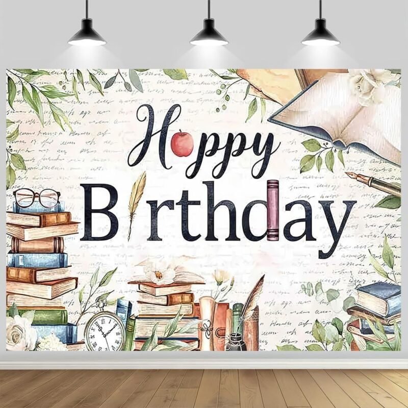 7x5ft Book Themed Happy Birthday Backdrop Watercolor Children Adult Portrait Photography Background Baby Shower Newborn Vintage Reading Party Celebration Banner Decor Polyester