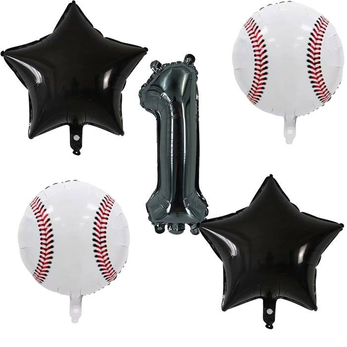 Baseball Sports Theme Party Balloons Set with Number 1 and Stars, 5-Piece Foil Bundle