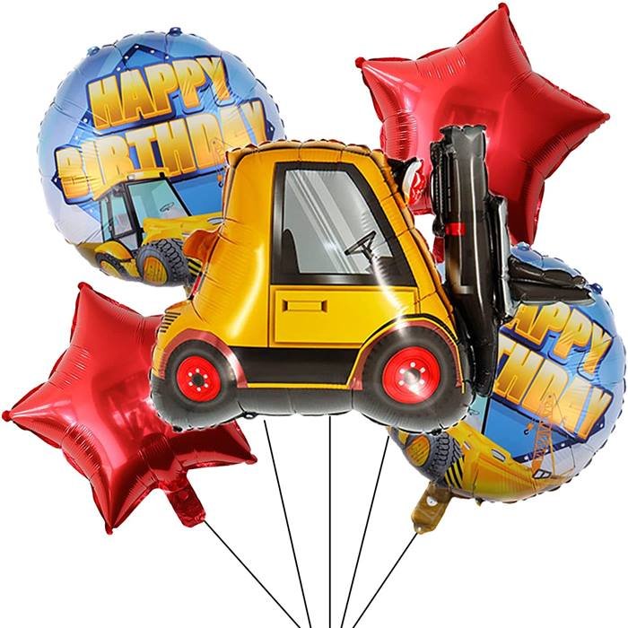 Forklift Construction Happy Birthday Balloon Set - Red Star Balloons, Construction Theme Balloons | Birthday Party Decorations