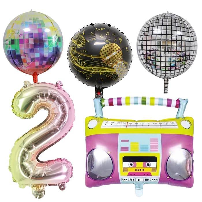Colorful Dance Party Balloon Bundle with Disco Ball, Microphone, Boombox, and Number 2