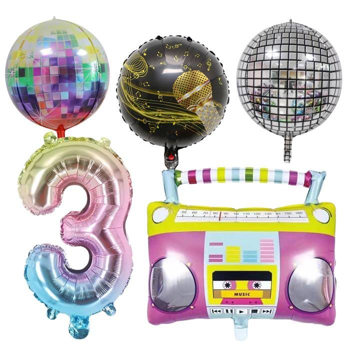 Colorful 3rd Birthday Dance Party Foil Balloon Bundle with Disco Balls and Boombox